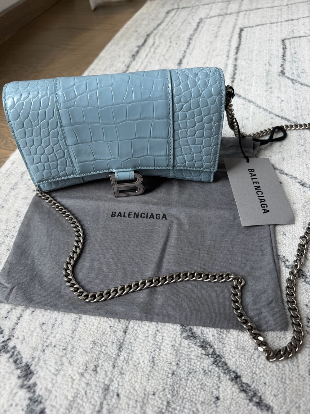 Balenciaga Blue Croc-Embossed Leather Chain Shoulder Bag hourglass